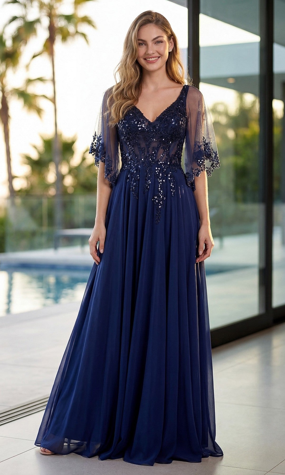 A woman stands by a pool, smiling at the camera, wearing the navy blue Juliet JTM22U long formal dress featuring an embroidered sheer bodice and floral embellishments.
